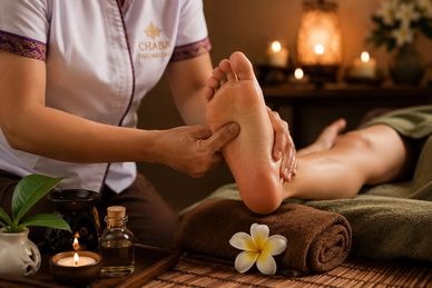 Foot massage with candles and oils